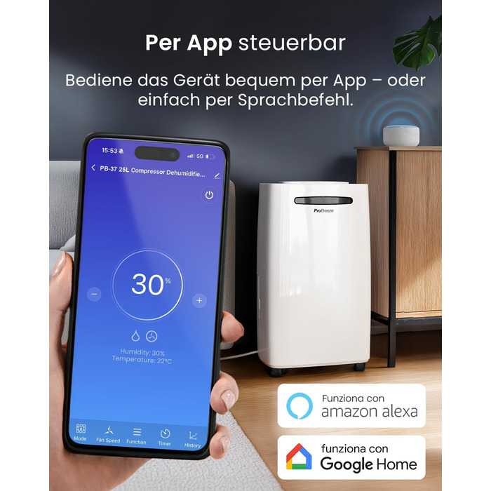 Про Breeze - Вологопоглинач повітря 25л/добу, 30 м², 4 режими, Wi-Fi, таймер, сушка білизни, захист від вологи та плісняви