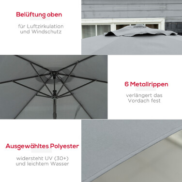 Вітростійкий парасоль для саду Ø293 см з бічною ручкою та хрестоподібною основою, захист від вітру, водовідштовхувальне покриття, темно-сірий