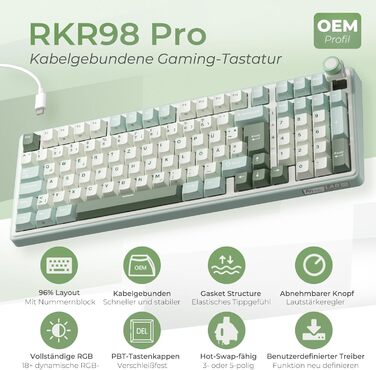 Механічна клавіатура Royal Kludge R98 Pro: 96% Gasket, RGB, NumPad, PBT, Hot-Swap, Creamy Switches (Beige/Cyan)