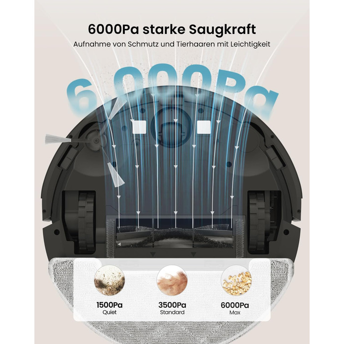 Робот-пилосос Vexilar W11 з функцією миття, 3 л, потужність 6000Pa, час роботи 180 хв, LiDAR навігація, 15 зон заборони, керування через додаток, для килимів та шерсті тварин