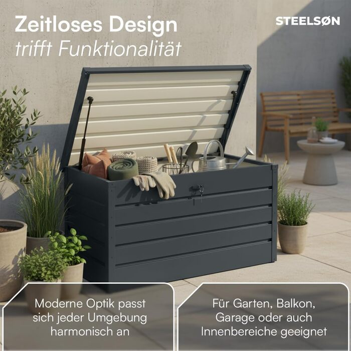 Скриня садова металева Steelsøn Dorado 350л антрацит, водонепроникна, з замком та відкидною кришкою для тераси, балкону, саду 120x62x63 см