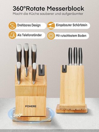 Набір кухонних ножів Messerblock 6 шт. з поворотним блоком 360°, сталь 5Cr15, з точилкою та підставкою для телефону