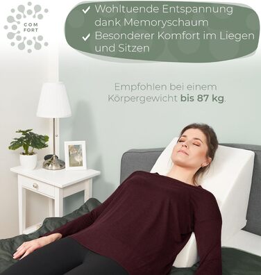 Ергономічна подушка для читання в ліжко та диван – зручна подушка для спини з Memory Foam – підходить як подушка при рефлюксі, клиновидна подушка для ліжка, подушка для спини в ліжку та сидячи, подушка для дивана, кістка для читання ВІДМІННО БІЛА