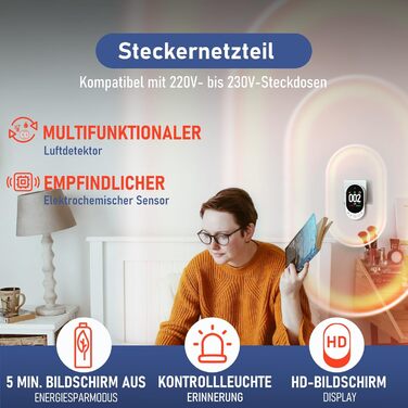 Детектор чадного газу 3-в-1 з HD-дисплеєм, візуальним та звуковим сигналом (CO-метр, температура, вологість) для дому та подорожей