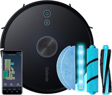 Робот-пилосос SALENTE L7 з функцією миття, 360° лазерна навігація, Wi-Fi, SLAM-картування, керування через додаток. Підходить для підлоги, паркету, килимів та видалення шерсті тварин. UV-стерилізація.