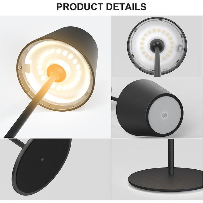 Бездротова настільна лампа MALUX з торканням, регульоване тепле біле світло 2700K-4000K, металева, LED, акумуляторна, водонепроникна IP54, для саду, їдальні, спальні, робочого кабінету, балкону, готелю (темно-сірий) (тепле чорне*2)