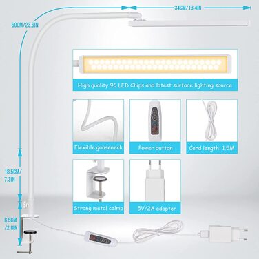 Світлодіодна настільна лампа з затискачем, 14 Вт затискна лампа з гусячою шиєю, робоча лампа для архітекторів 1100 лм 5 кольорів X 10 рівнів яскравості з регульованою яскравістю, затискна лампа для захисту очей, Офісна настільна лампа, чорний (гусяча шия 