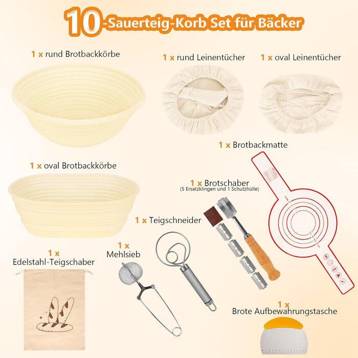 Набір для бродіння тіста Brotgar з силікону (23см круглий & 25см овальний) – для закваски, з лопаткою, ніжчиком, тканиною для бродіння – складний, гігієнічний, для початківців та професіоналів (10шт)