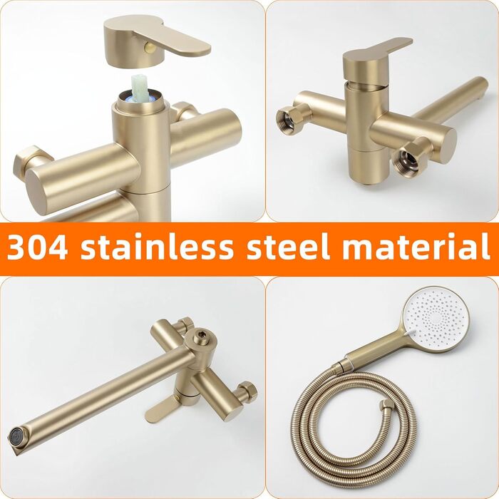 Набір змішувач для ванни PHASAT з витяжною лійкою, чорний, настінний монтаж, PTBB13E (довга лійка, матовий золотий)