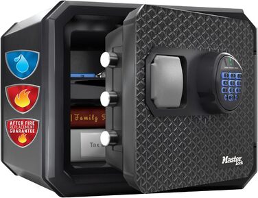 Master Lock FPW082FTCML - вогнестійкий та водонепроникний сейф, 23л, 417 x 348 x 478 мм, електронний замок з підсвічуванням, для дому та офісу, чорний