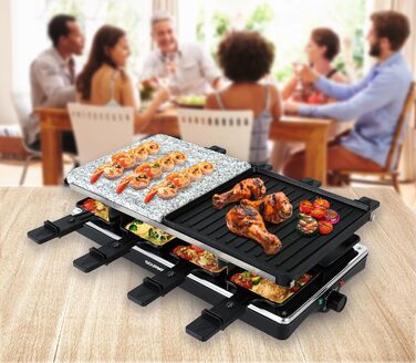 GOURMETmaxx Raclette з Фондю 2-в-1 | Набір для 8 осіб – ідеальний для вечірок | Ракле-фондю комбінація з 8 сковородами, лопатками та виделкою