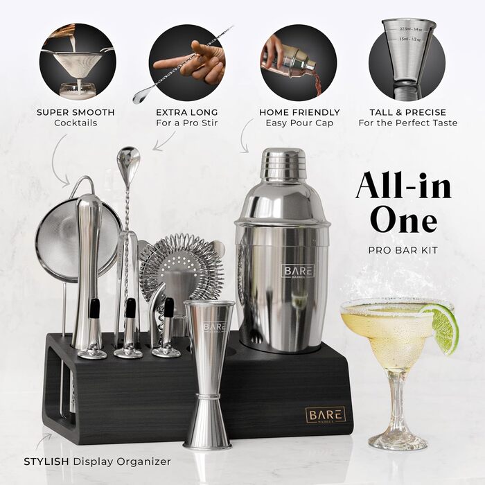 Набір для бармена Pro Mixology: 14 предметів, шейкер Cobbler 24oz, бамбуковий підставка, рецепти коктейлів. Подарунок для дому