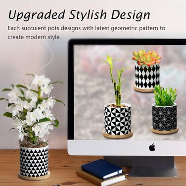 4 шт. горщики для сукулентів Coolty, кераміка, 7 см, міні-кактуси, геометричний дизайн, з підставкою та бамбуковим піддоном для декору