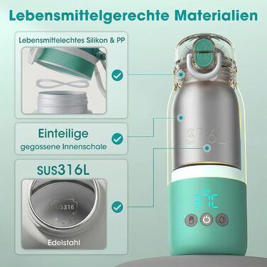 Портативний підігрівач пляшечок для дитини, швидкий нагрів, акумулятор 12000mAh, 2 режими нагріву (молоко/вода), об'єм 355мл, кришка з трубочкою