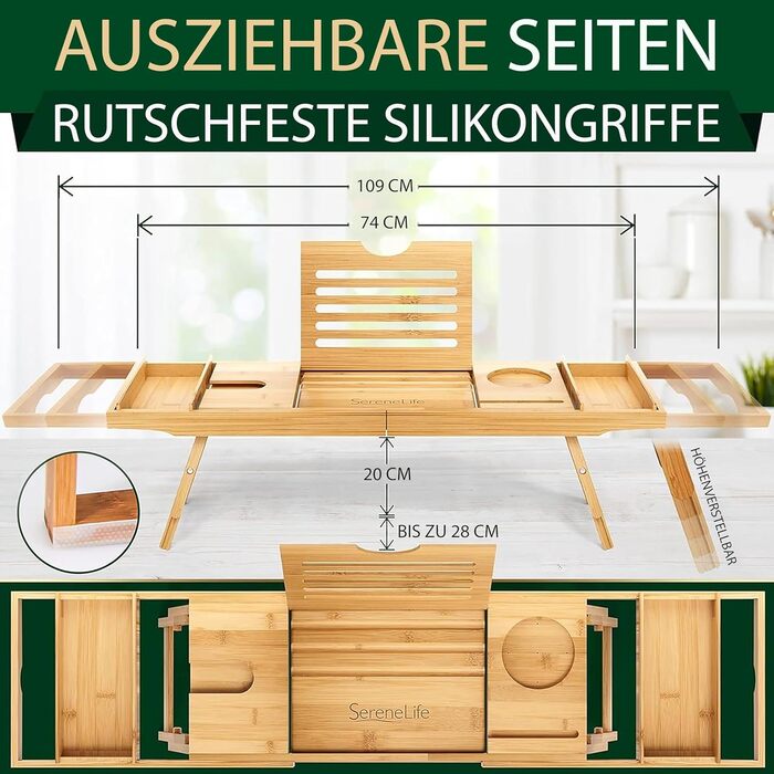 Підставка для ванни та ліжка SereneLife 2-в-1 – складане піднос для сніданку в ліжку та у ванній з бамбука, вологостійкий, регульований розмір, дерев'яна підставка для ванни, міцна спинка