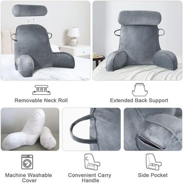 Подушка для читання Mingfuxin для ліжка, дивана, підлоги: знімний валик для шиї та підлокітником для підтримки спини, сіра