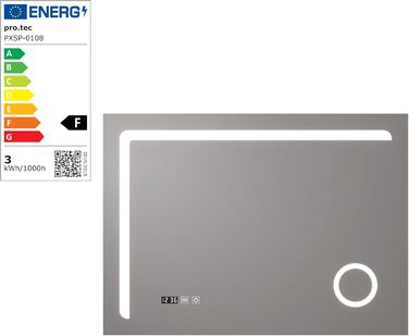 Дзеркало для ванної кімнати pro.tec LED Chambave з підсвічуванням, 3 кольори світла, вертикальне, з лупою та годинником (60 x 80 см, срібне)