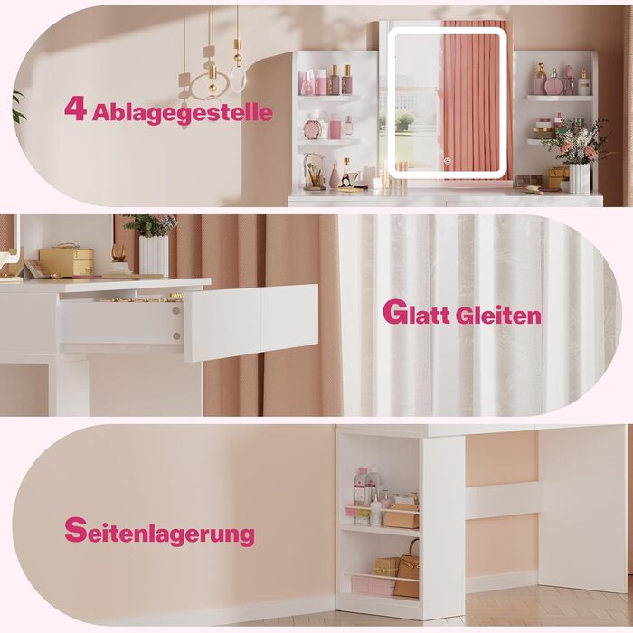 Трюмо Airfish з підсвічуванням 108x40 см: стіл для макіяжу з дзеркалом, 2 шухляди, 3 кольори, регулювання яскравості, для спальні/вітальні (білий)