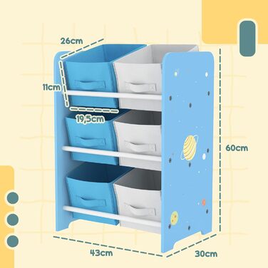 Дитяча полиця для іграшок AIYAPLAY з 6 коробками з фетру, органайзер для іграшок у дитячу кімнату, 43x30x60 см (Блакитний)