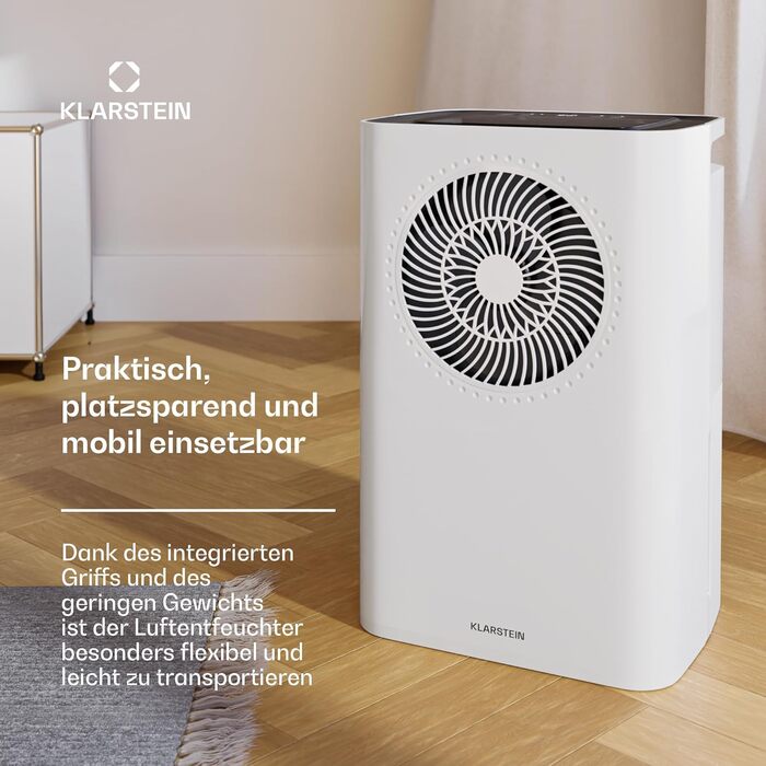 Зволожувач повітря Klarstein CircleDry 12L Smart з Wi-Fi, тихий 38dB, таймер 24г, безперервна злив, контроль вологості, для приміщень до 24м², білий