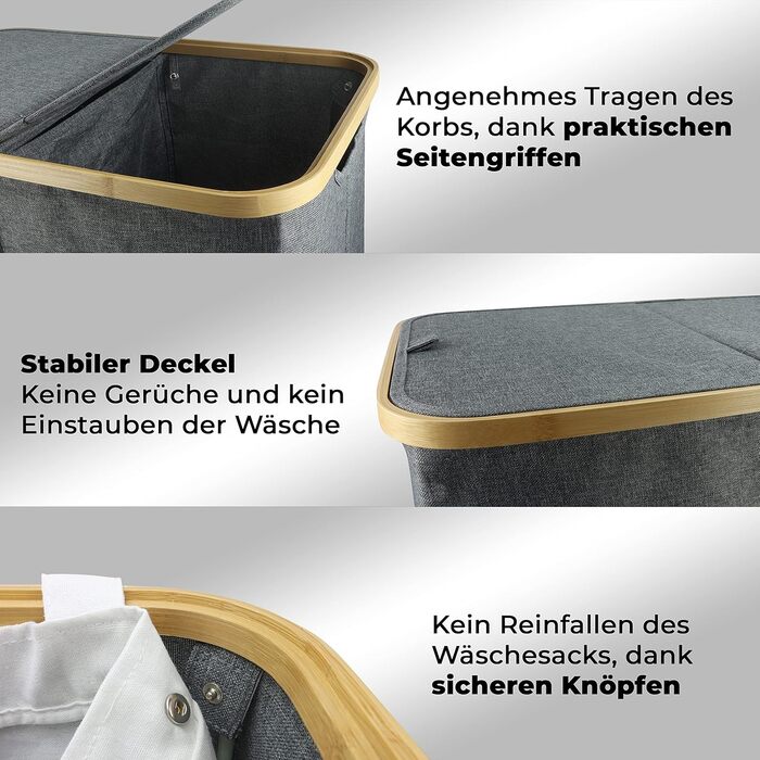 Кошик для білизни HOMIOL з кришкою, 100 літрів, XXL - 2 знімні мішки для білизни з 2 відділеннями