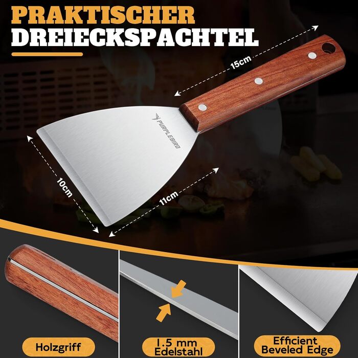 Набір гриль-посуду PURPLEBIRD 5 предметів: професійний інструмент з нержавіючої сталі, сумка-фартух, дерев'яні ручки, ідеальний для BBQ, Teppanyaki, подарунок для чоловіків (набір для бургерів)