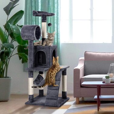 Котяче дерево Yaheetech 130 см Кігтеточка для котів Cat Tree, Котяча лазіння по дереву з оглядовим майданчиком Котяча печера Сизалеві стовбури, темно-сірі