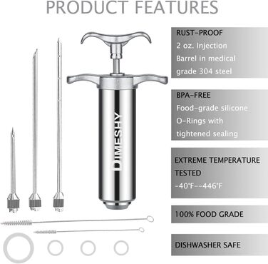 Інжектор для м'яса з нержавіючої сталі 304, Heavy Duty, комплект з голками для маринаду