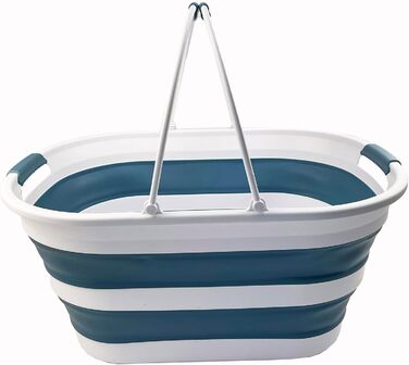 Пластиковий розбірний кошик для білизни - Овальна ванна/кошик - Складний контейнер для зберігання - Портативний лоток для прання - Компактний кошик для білизни (білий/Adriatic Blue), 38L