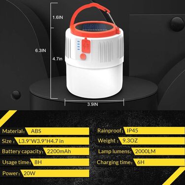 Сонячний кемпінговий ліхтар LETOUR, акумуляторний світлодіодний ліхтар, живлення від сонячної батареї/USB, портативний ліхтар з дистанційним керуванням, водонепроникний світильник для намету IP45 2200 мАг, для підвішування для піших прогулянок, надзвичайн