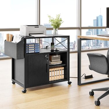 Підставка для принтера YITAHOME з розетками, роликова, з полицею та кишенями, з замком, для дому/офісу, чорна