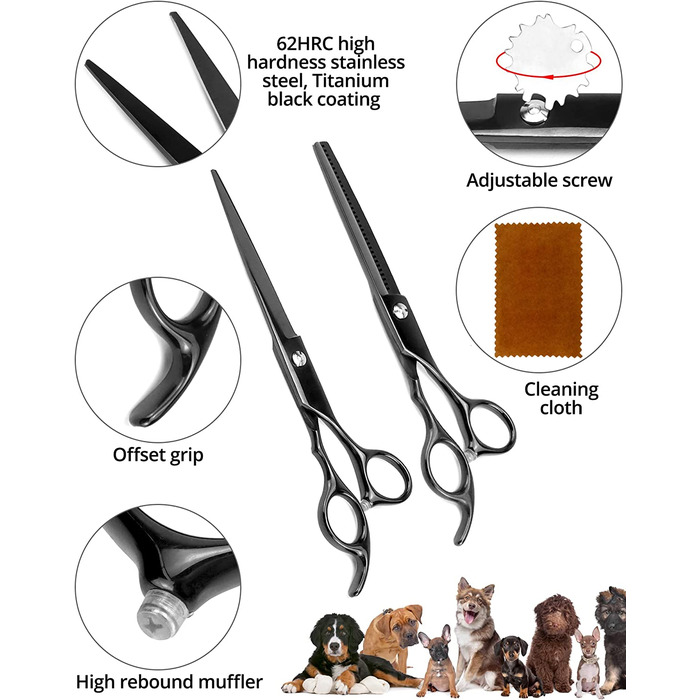 Набір професійних ножиць для собак QWORK 5 в 1, 7-дюймові ножиці для шліфування з нержавіючої сталі, прямі і вигнуті ножиці, гребінець для грумінгу, для собак і кішок