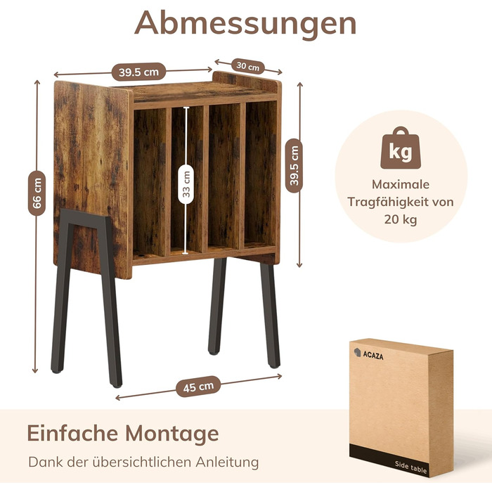 ACAZA: Стіл для програвача вінілових платівок з 4 відсіками – 66 x 40 x 30 см – Дерево та метал (Вінтаж, Колір: Коричневий)