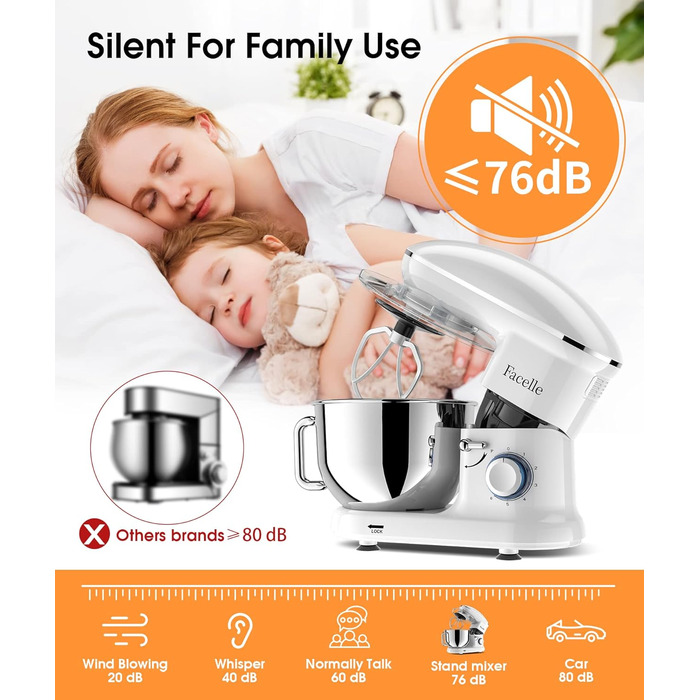 Кухонна машина Facelle 1500W з нержавіючою чашею 6.2 л, 6 швидкостей, міксер для тіста, планетарний міксер