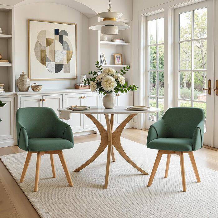 Обідні стільці Bekrvio 2 шт. з обертанням та підлокітниками – 360° стільці для обідньої кімнати, стільці до обіднього столу з тканини льон, дерев'яні ніжки з масиву бука, м'які жовті стільці для обідньої кімнати (2 шт., зелений льон)