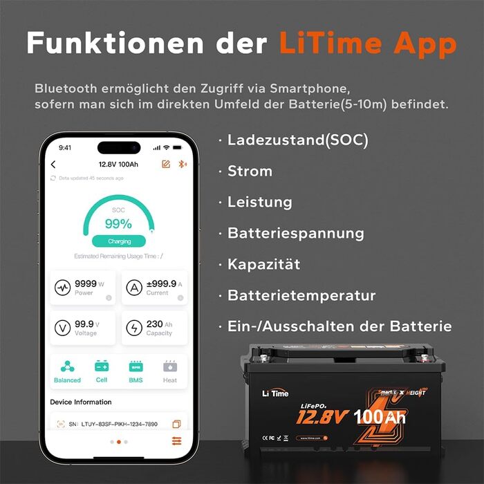 Акумулятор LiTime 12V 100Ah LiFePO4 RV під сидінням Bluetooth і Smart BMS, захист від низьких температур, максимальна кількість циклів 15000 циклів, 100 А BMS, 20,48 кВт-год, заміна свинцево-кислотного матеріалу, ідеально підходить для фургонів 12V100Ah H