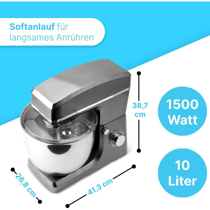 Кухонна машина Clatronic® XXL з великою чашею 10л, потужний 1500W двигун, для замішування та збивання тіста, з кришкою та отвором для підсипання інгредієнтів, модель KM 3765 (Titan)