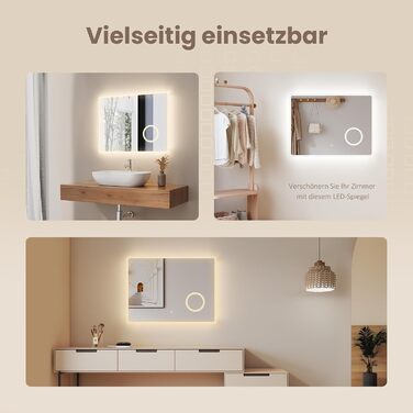 EMKE® LED дзеркало для ванної кімнати 80x60 см з підсвічуванням, сенсорне, регулювання яскравості, протизапотівання, 3 косметичні дзеркала, годинник, IP44