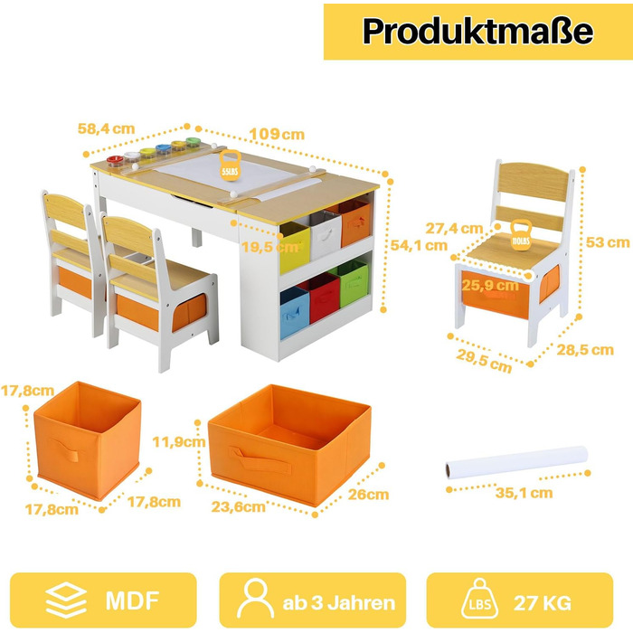 Дитячий стіл Kinder-Kunsttisch Set з 2 стільцями - дерев'яний набір для творчості для малюків з регульованою стільницею, відрами для пігментів та 8 тканинними ящиками для зберігання (Натуральний)
