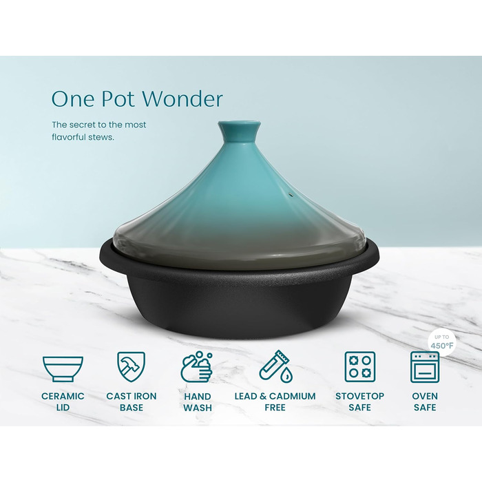 Тажин Кук - каструля для тушкування з емальованого чавуну, 3.3 л, керамічний конічний кришка, сіро-блакитний