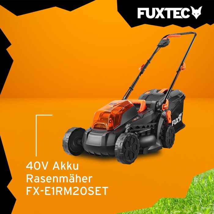 Акумуляторний газонокосарка FUXTEC 40V (2x20V) E1RM20 з 2x20V Li-Ion акумуляторами 2Ah та подвійним зарядним пристроєм – ширина зрізу 33см, регульована висота зрізу
