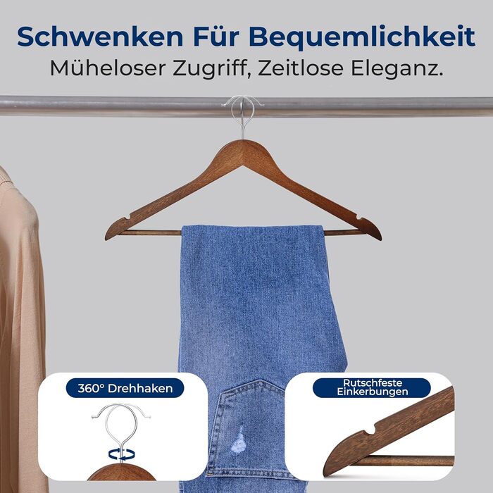 Плечики для одягу SereneLife з дерева, 20 шт. (10 шт. з горіхового дерева), поворотний 360°, антиковзкі, для дітей та дорослих, міцні, економія місця, для курток, спідниць, штанів та костюмів