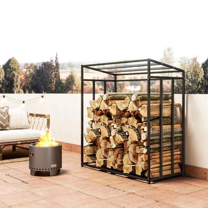 Стійка для дров Outsunny – міцна металева конструкція з тканиною-чохлом, здатна витримувати навантаження до 300 кг. Розміри: 140 x 70 x 154 см. Колір: чорний.