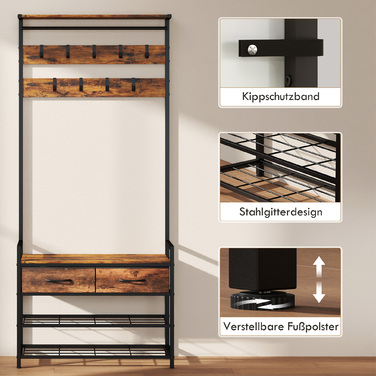 Вішалка для одягу з гачками, лавка для взуття, індустріальний органайзер для передпокою, сталевий каркас, рустикально-коричневий