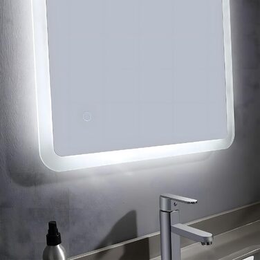 MIQU Дзеркало для ванної кімнати з підсвічуванням LED 60x50 см, сенсорне, проти запотівання, з Bluetooth та розеткою, 3 кольори світла, диммування