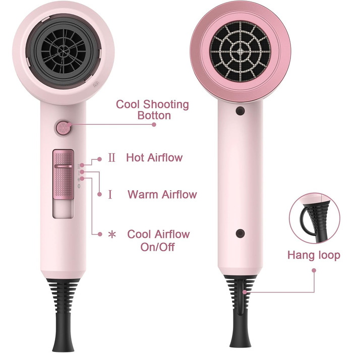 Іонізуючий фен для волосся Slopehill 1800W для швидкого сушіння, професійний салонний фен з 3 насадками-концентраторами та дифузором, 3 режимами температури та 2 швидкостями (Рожевий)