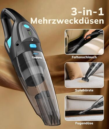 Акумуляторний ручний пилосос для авто та дому, потужність 25000Па, бездротовий з HEPA-фільтром та набором насадок, для шерсті тварин та килимів (Чорний)