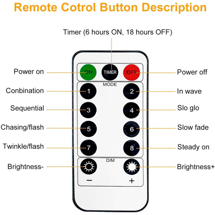 Льоко́ва гірлянда на батарейках, 5 метрів, 50 LED, з таймером та пультом, 8 режимів, вологостійка, тепле біле світло, для декору приміщень та саду, 6 шт.