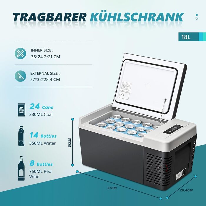 EUHOMY Компресорний холодильник -20℃~20℃, 12V/24V/220-240V, 18L, з APP-керуванням для кемпінгу, подорожей, авто та дому