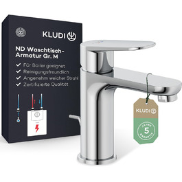 Змішувач для умивальника KLUDI-X1 низького тиску, висота виливу 95 мм, водозберігаючий, розмір M, з керамічним картриджем, хром, з 3 штуцерами (для бойлера), для ванної кімнати